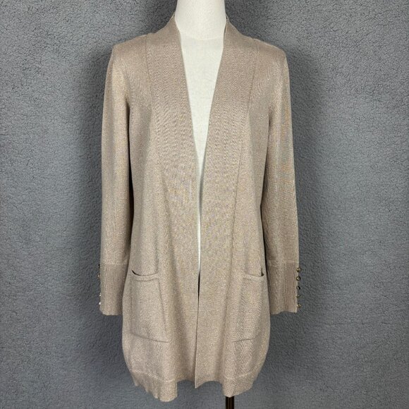 JM Collection Core Cardigan Small Champagne Lurex Open Front With Pockets & Butt - Picture 1 of 8